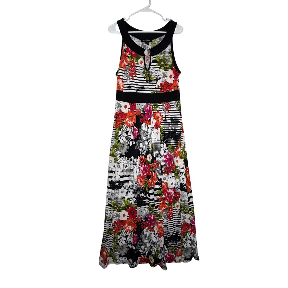 Elie McCarthy Womens Floral Stripe Maxi Dress XL Sleeveless Keyhole‎ 9921A Black
